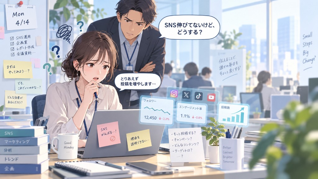 上司にSNSの方針を聞かれ、投稿を増やすと答えてしまう兼任担当Aさん