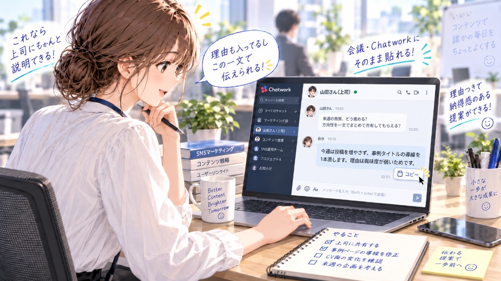 上司へ理由付きの一文をChatworkで共有するAさん